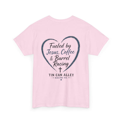 Barrel Racing Tee — "Fueled by Jesus, Coffee & Barrel Racing" Christian Rodeo Shirt