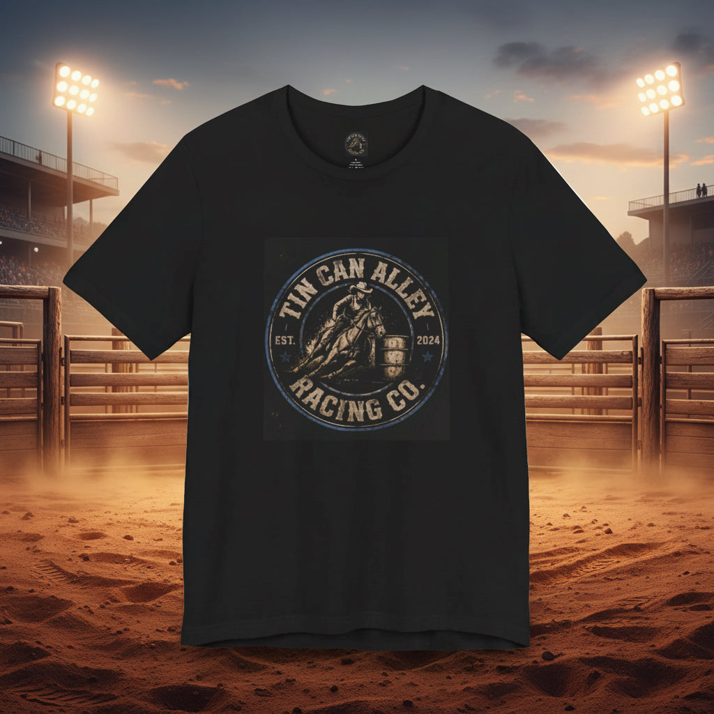 Racing T-Shirt – "Tin Can Alley Racing Co." Vintage Barrel Racer Logo Tee