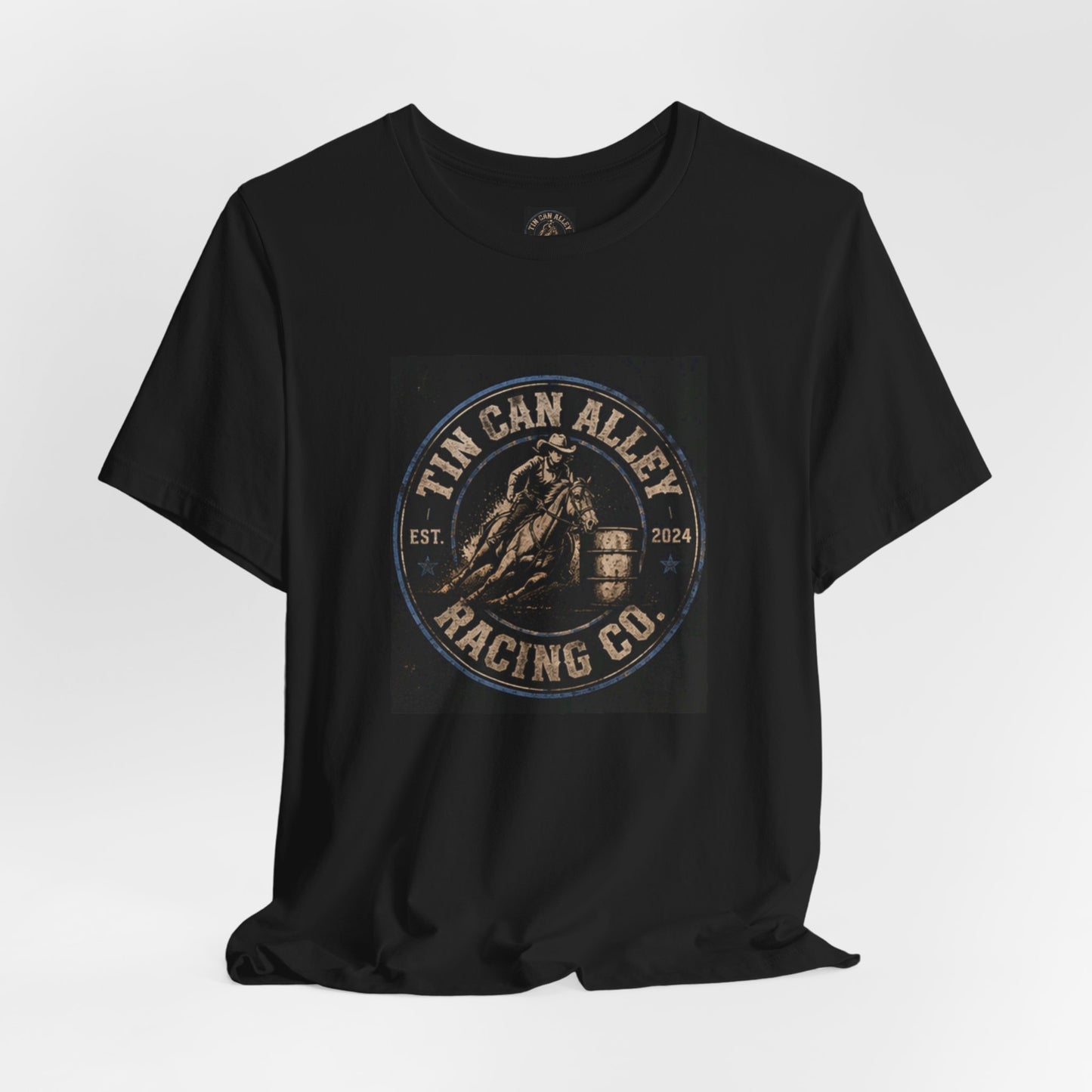 Racing T-Shirt – "Tin Can Alley Racing Co." Vintage Barrel Racer Logo Tee