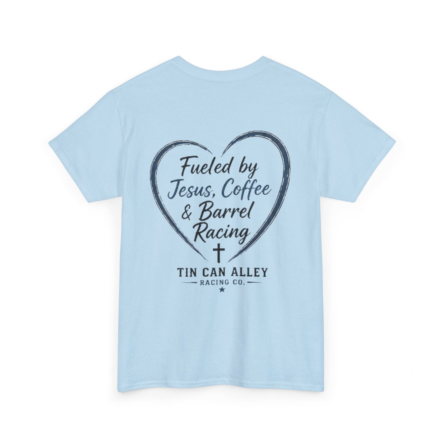 Barrel Racing Tee — "Fueled by Jesus, Coffee & Barrel Racing" Christian Rodeo Shirt