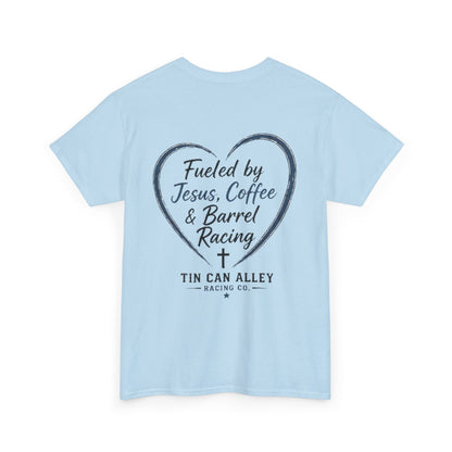 Barrel Racing Tee — "Fueled by Jesus, Coffee & Barrel Racing" Christian Rodeo Shirt