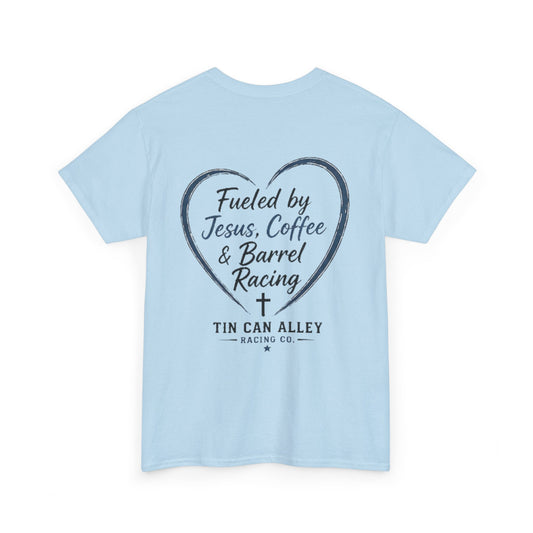 Barrel Racing Tee — "Fueled by Jesus, Coffee & Barrel Racing" Christian Rodeo Shirt