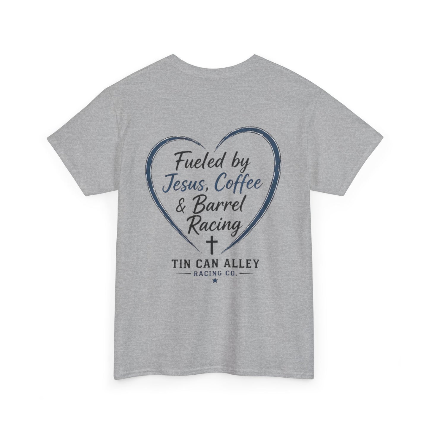 Barrel Racing Tee — "Fueled by Jesus, Coffee & Barrel Racing" Christian Rodeo Shirt
