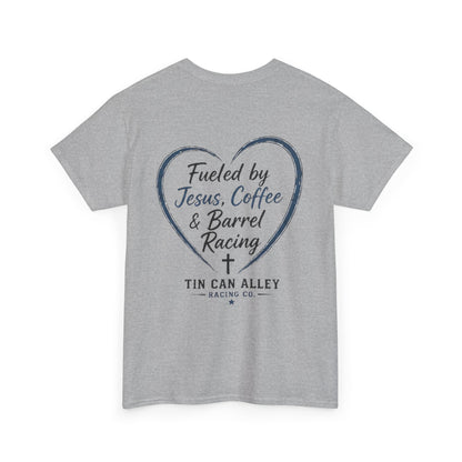 Barrel Racing Tee — "Fueled by Jesus, Coffee & Barrel Racing" Christian Rodeo Shirt