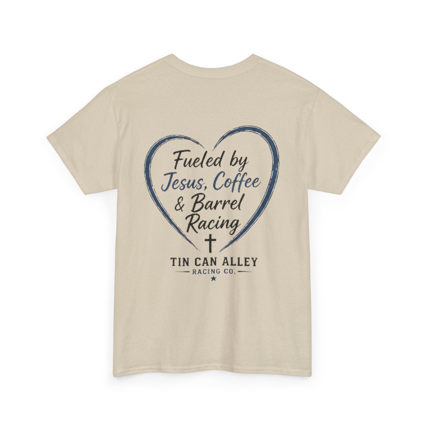 Barrel Racing Tee — "Fueled by Jesus, Coffee & Barrel Racing" Christian Rodeo Shirt