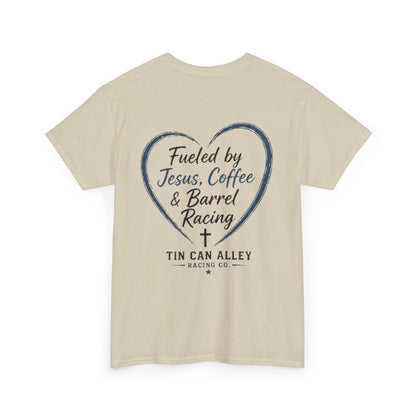 Barrel Racing Tee — "Fueled by Jesus, Coffee & Barrel Racing" Christian Rodeo Shirt