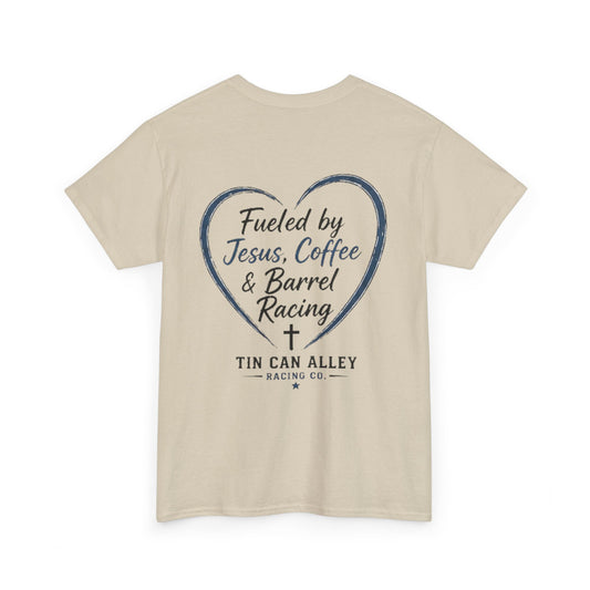 Barrel Racing Tee — "Fueled by Jesus, Coffee & Barrel Racing" Christian Rodeo Shirt